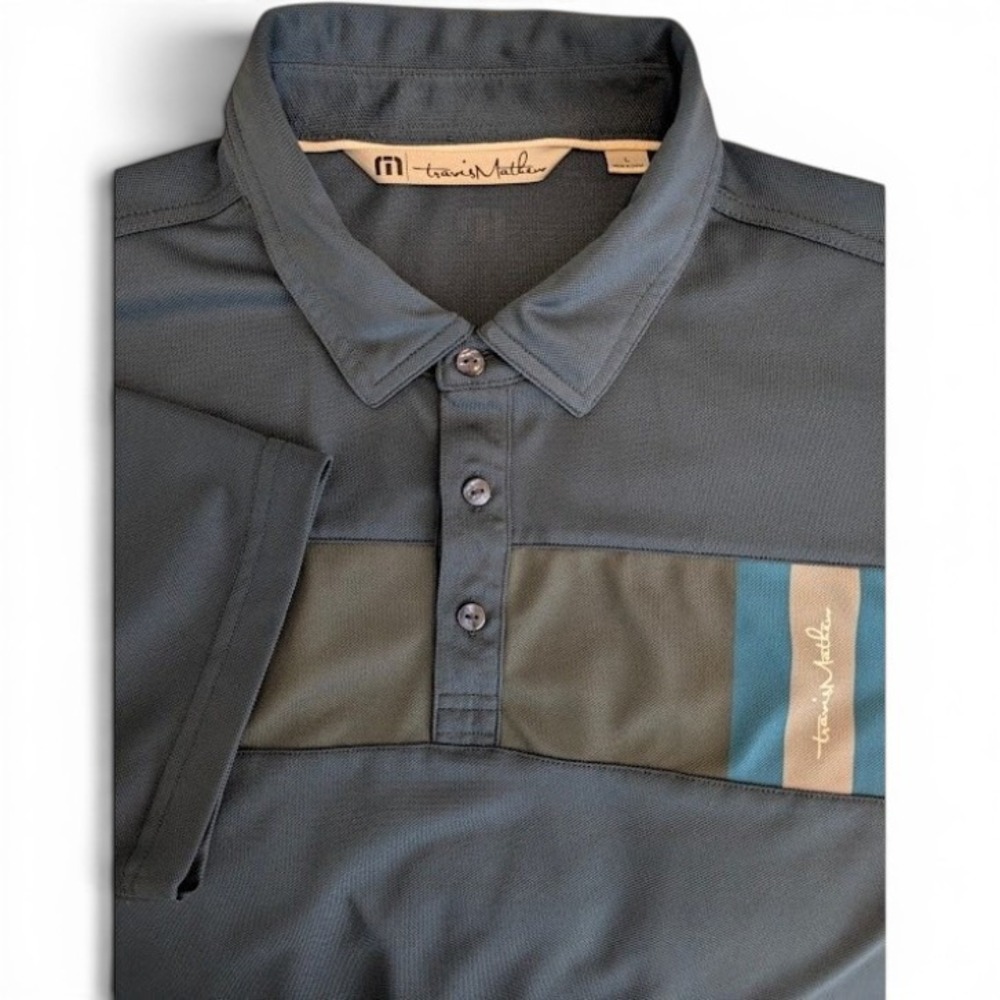 TravisMathew Polo Shirt Mens‎ L Blue Colorblock Stripe Short Sleeve Stretch